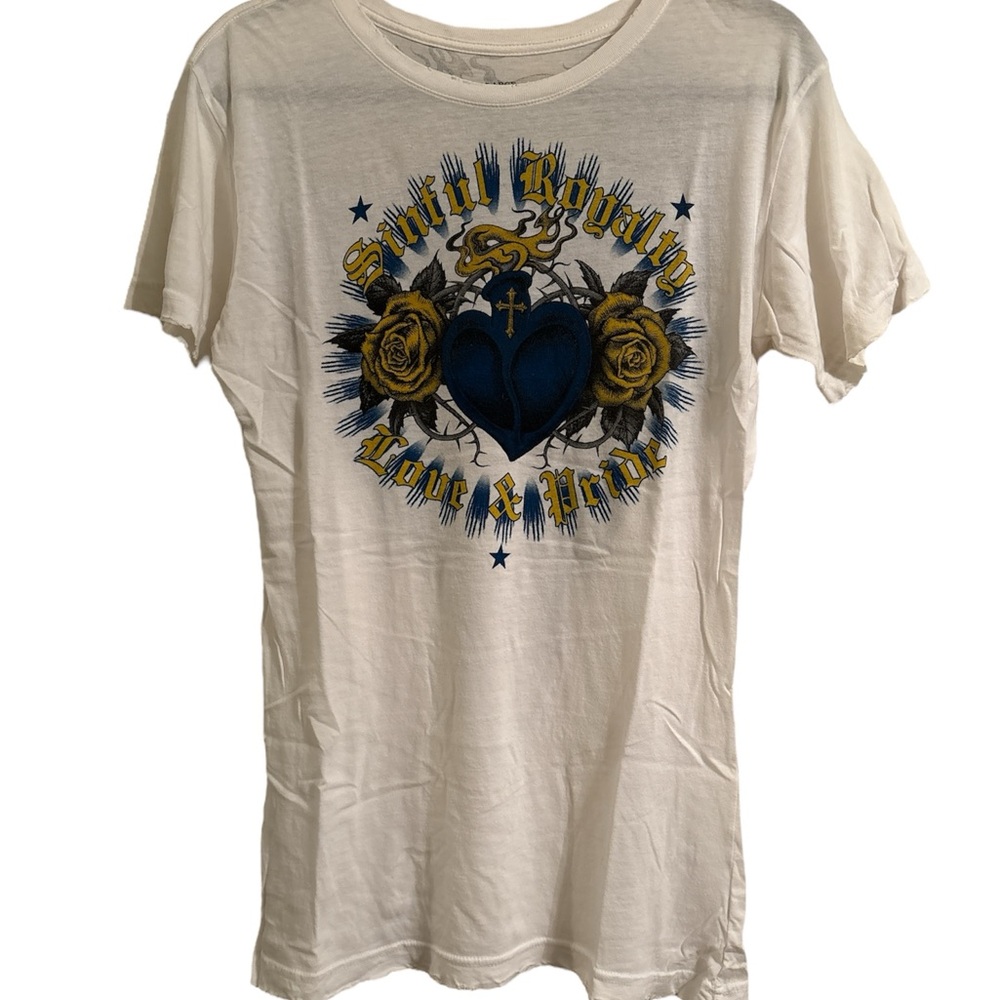 Sinful Blue and White Graphic Tee Labeled XL fits like Medium Distressed on edge